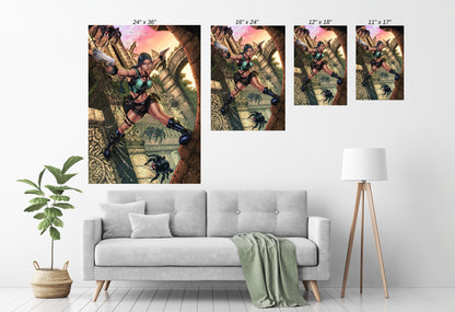Tomb Shadows Lara Croft artwork displayed in modern room mockup, Tomb Raider theme.