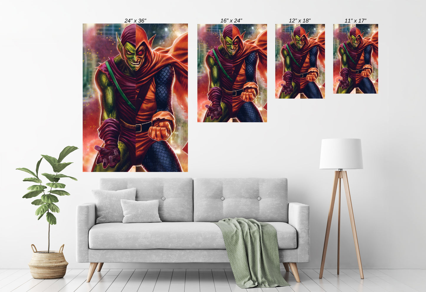 Framed split-portrait of Green Goblin and Hobgoblin on wall—bold Spider-Man universe décor.