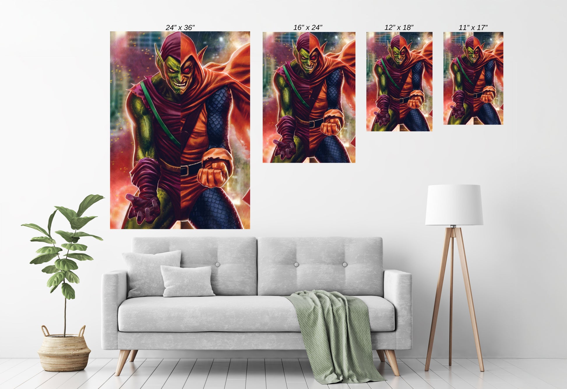 Framed split-portrait of Green Goblin and Hobgoblin on wall—bold Spider-Man universe décor.