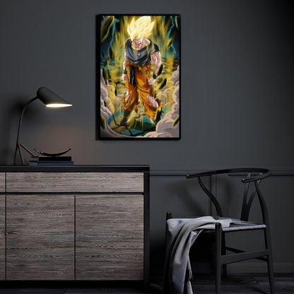 Unyielding Ascension Room Mockup — Goku Super Saiyan, Dragon Ball Z artwork by Ray Dash displayed in a modern room.