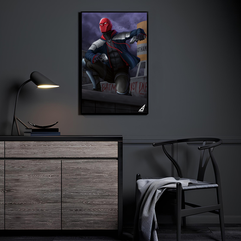 Vigilante in Crimson by Ben Asher displayed in a modern room.