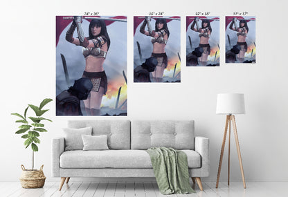 Framed fantasy warrior artwork dominating a modern room; dramatic sword pose and red banner.