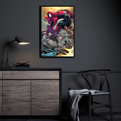 Web-Slam Showdown Room Mockup — Spider-Man vs Rhino, artwork by Keith Curtis, colors by Nestor Redulla Jr. displayed in a modern room.