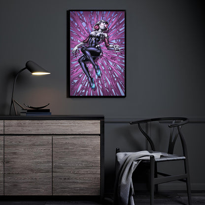 The Spider-Gwen artwork displayed above a console in a dark modern room setting.