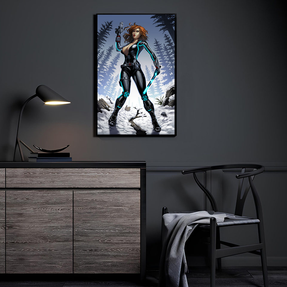 black widow fan art displayed above modern couch in living room