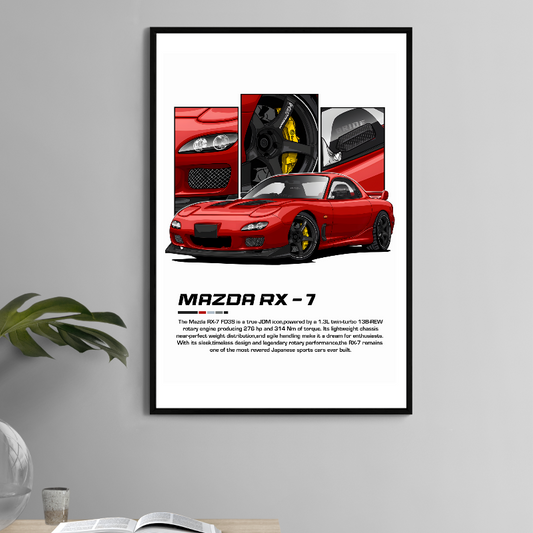 11x17 print of red Mazda RX-7 FD3S tuner art with Brembo brakes and racing style