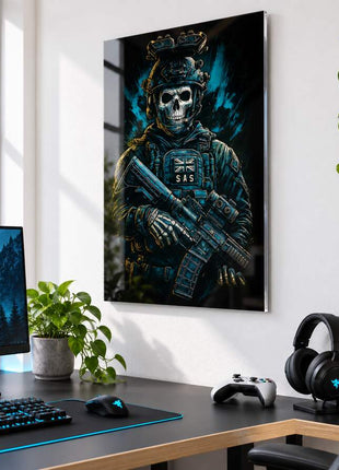 SAS Skull Operator Ghost acrylic wall art in a bright gaming office