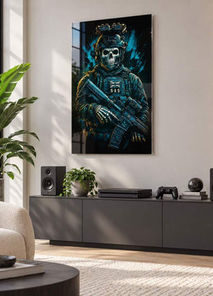 SAS Skull Operator Ghost acrylic wall art in a modern media lounge