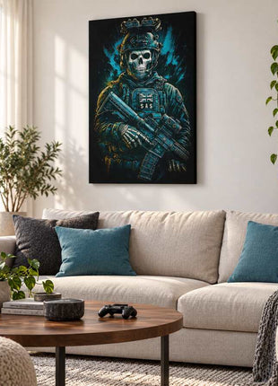 SAS Skull Operator Ghost canvas wall art in a cozy gaming lounge