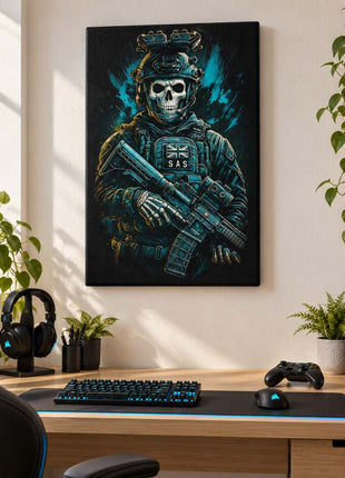 SAS Skull Operator Ghost canvas wall art in a bright gaming room