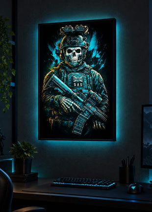 SAS Skull Operator Ghost LED lightbox wall art glowing in a dark gaming room