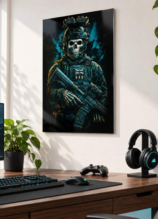 SAS Skull Operator Ghost metal wall art above a modern gaming desk
