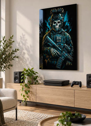 SAS Skull Operator Ghost metal wall art in a bright media room