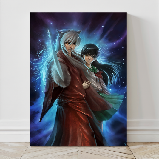 24x36 canvas of anime couple Inuyasha and Kagome in emotionally intense portrait

