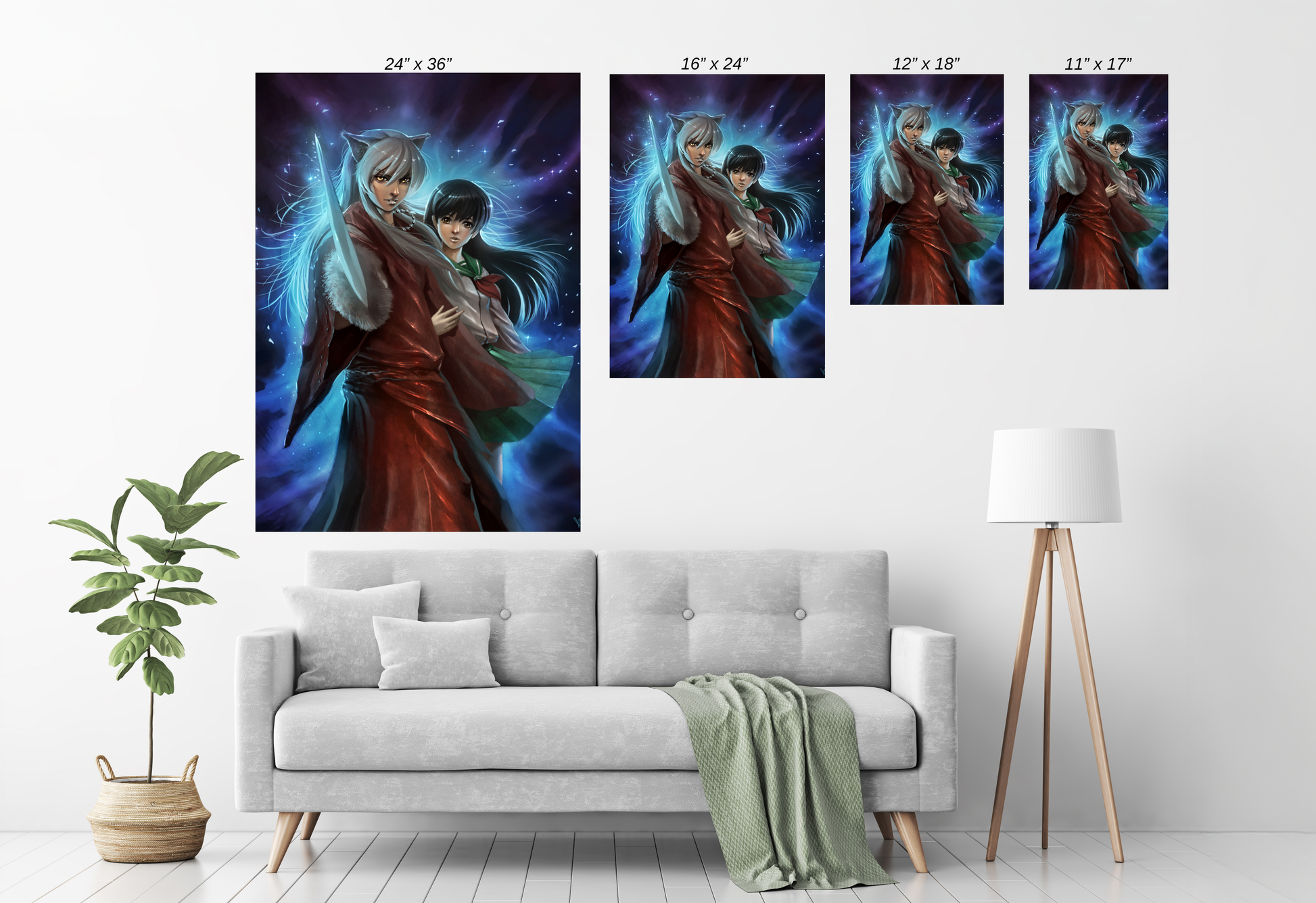Size Chart canvas of anime couple Inuyasha and Kagome in emotionally intense portrait

