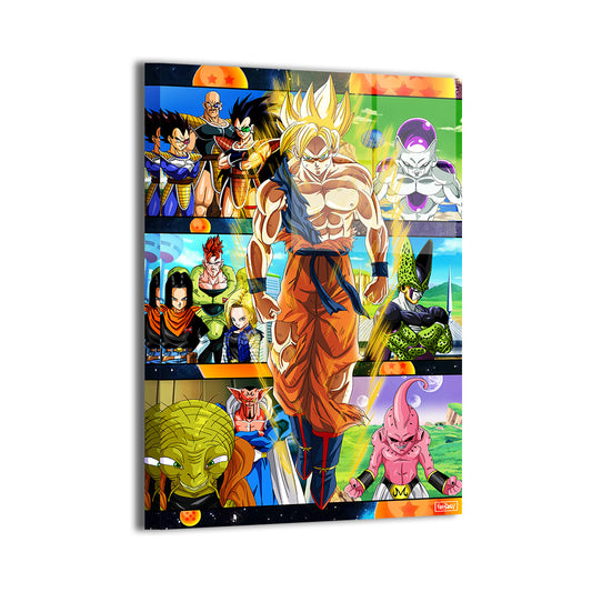  24x36 acrylic print of Goku standing in center with enemies from each Dragon Ball Z saga