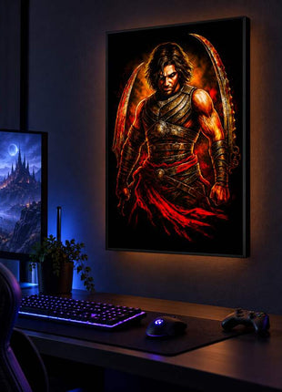 Sands Warrior Reborn Prince of Persia LED lightbox wall art glowing in a dark gaming room