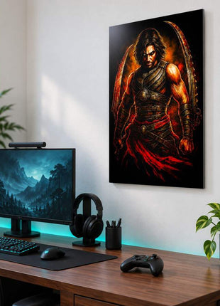 Sands Warrior Reborn Prince of Persia metal wall art above a modern gaming desk