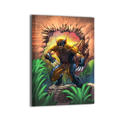 Canvas—mutant hero in Savage Land with glowing claws and foliage.