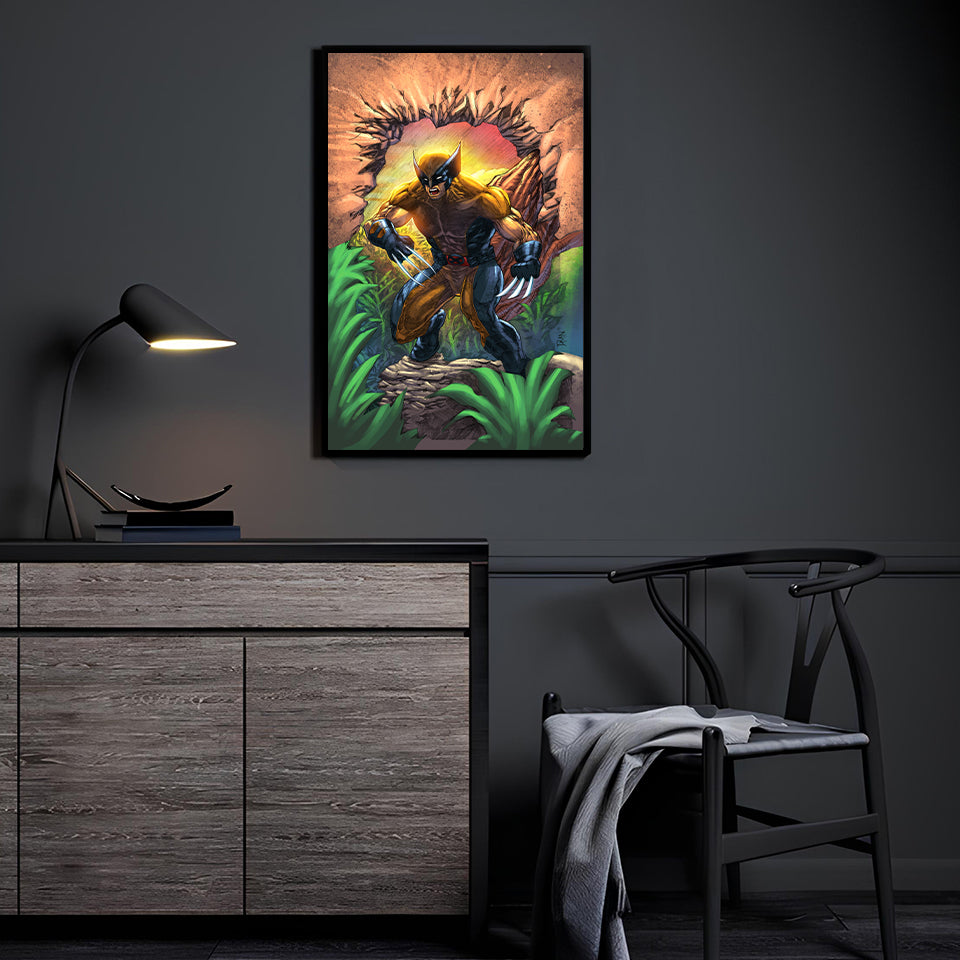 Jungle sunrise breakout—adamantium-clawed mutant bursting through stone; art by Don Mark Noceda, colors by Nestor Redulla Jr.