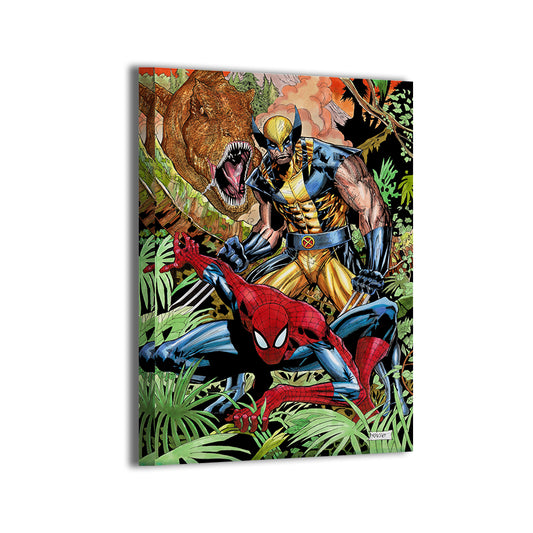 Canvas—two-hero jungle dash with charging dinosaur; bold inks and motion; Ray Racho artwork.