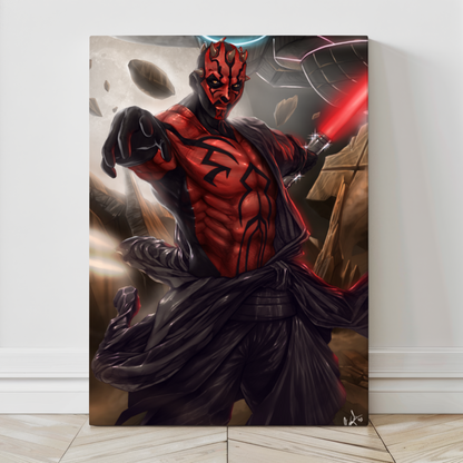 Large canvas artwork of Sith villain with dual red saber – Darth Maul style