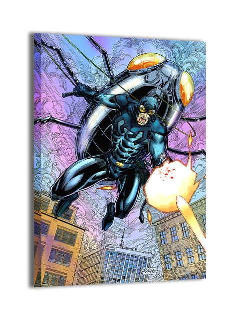 Canvas—scarab-armored hero in mid-flight with smoke trails and neon highlights; Ray Racho artwork.