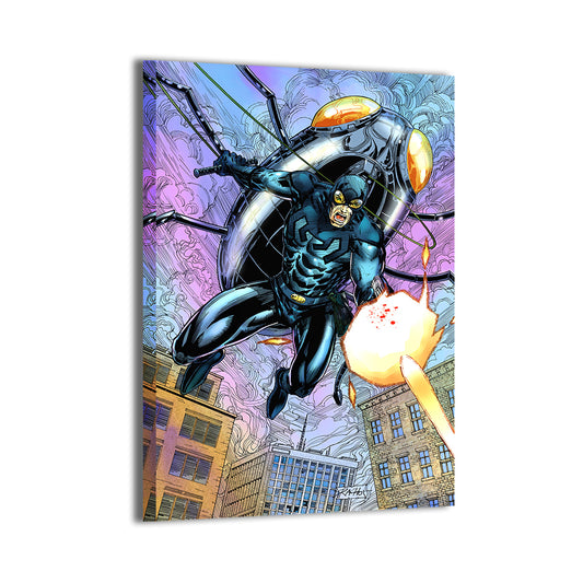 Canvas—scarab-armored hero in mid-flight with smoke trails and neon highlights; Ray Racho artwork.