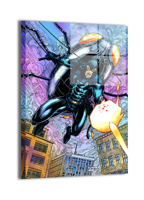 Metal—sleek metallic finish on scarab hero blasting through skyline; Ray Racho.