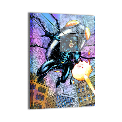 Metal—sleek metallic finish on scarab hero blasting through skyline; Ray Racho.