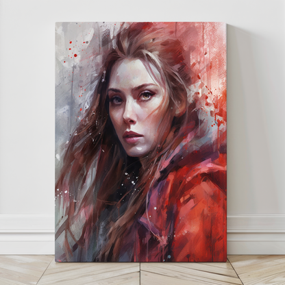 Large format Crimson Hexcaster canvas print of an elegant red magic user – 24x36 gallery-wrapped wall decor.