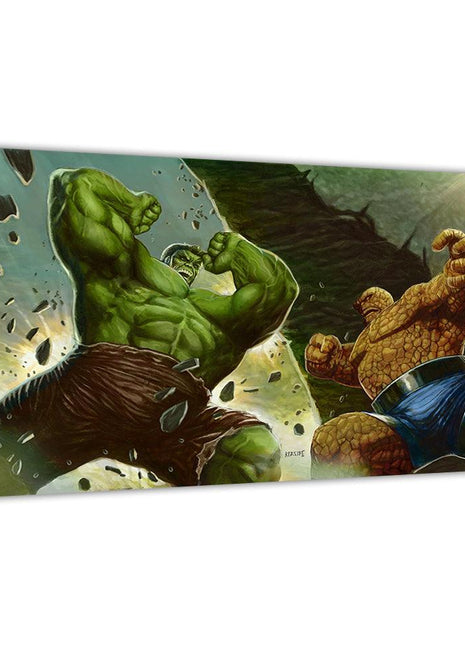 Seismic Showdown Acrylic print room mockup featuring Hulk battling The Thing, Marvel wall art.