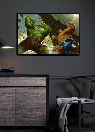 Seismic Showdown Canvas and Metal print room mockup featuring Hulk battling The Thing, Marvel wall art.