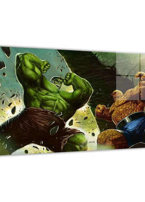 Seismic Showdown original artwork featuring Hulk battling The Thing, Marvel wall art.
