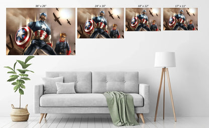  comic-style print of Captain America and Bucky during World War II battle