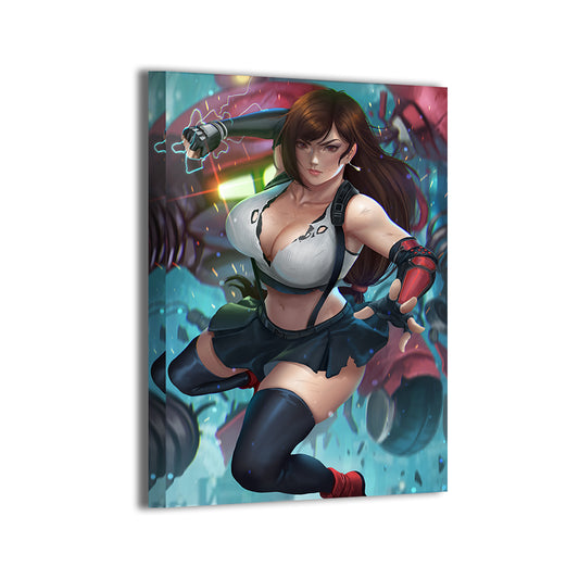 Canvas—JRPG-style brawler mid-air, neon effects and debris; art by Nopeys.