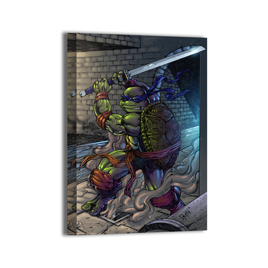 Canvas—TMNT’s Leonardo with blue bandana and katana, smoky sewer atmosphere.