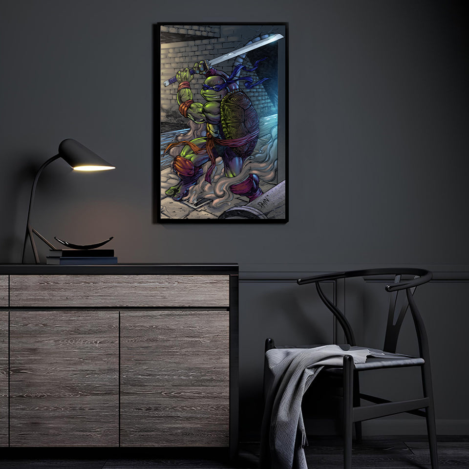 Room mockup—Leonardo katana scene framed on wall; modern, moody decor.