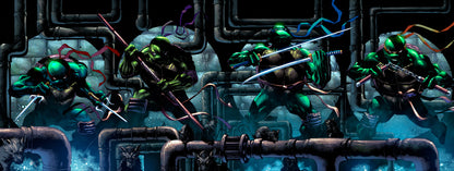 TMNT-style panoramic poster print with all four turtles in battle stance