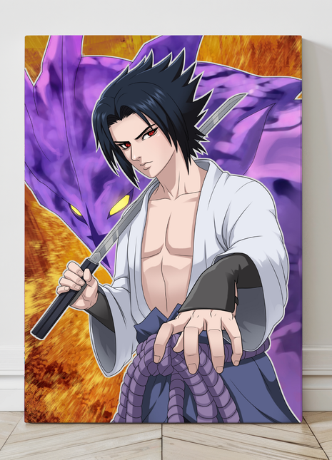 Gallery-wrapped canvas of Sasuke drawing his blade, Susanoo looming in purple behind him.
