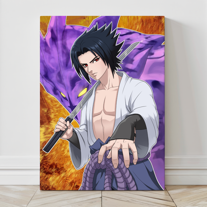 Gallery-wrapped canvas of Sasuke drawing his blade, Susanoo looming in purple behind him.