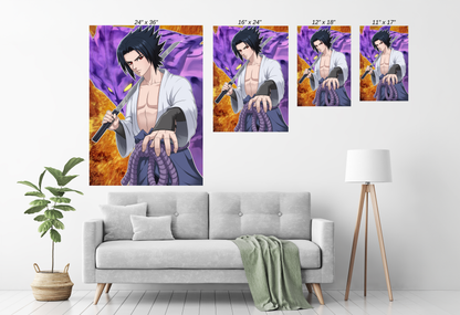Framed display of Sasuke Uchiha artwork on a living-room wall—clean, modern setting.