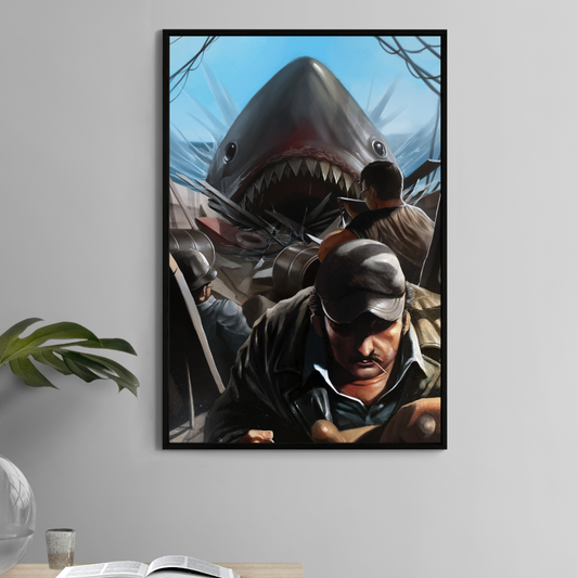 Jaws-inspired 11x17 art print – shark attacking boat crew with full chaos