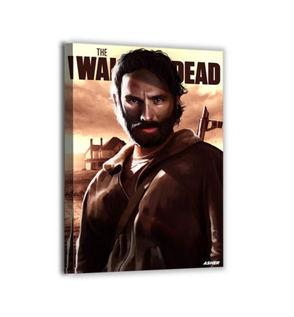 Canvas — cinematic close-up of determined sheriff against rural horizon; textured brushwork and amber clouds; by Ben Asher.