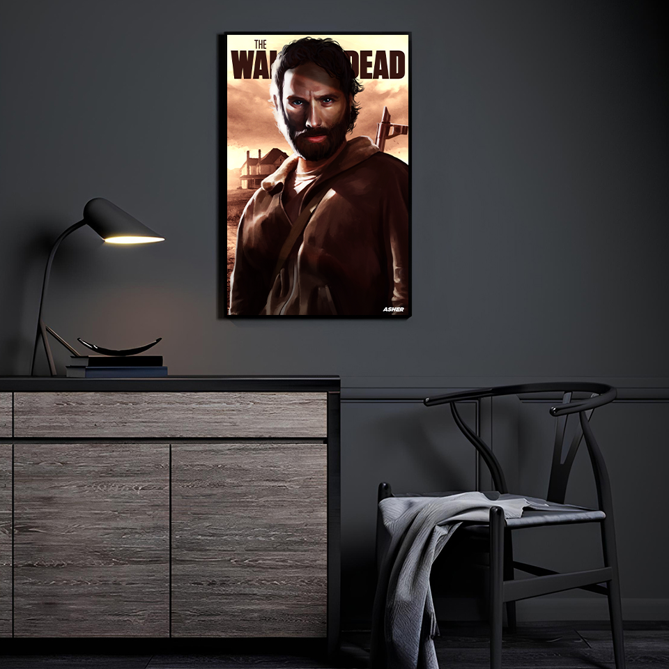 Poster — bearded survivor in coat at farmhouse dawn; moody, post-apocalyptic portrait with warm dust-sky lighting; art by Ben Asher.