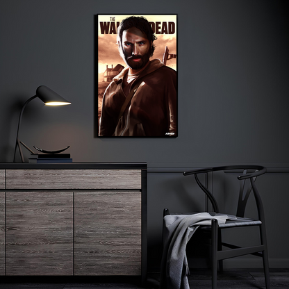 Poster — bearded survivor in coat at farmhouse dawn; moody, post-apocalyptic portrait with warm dust-sky lighting; art by Ben Asher.