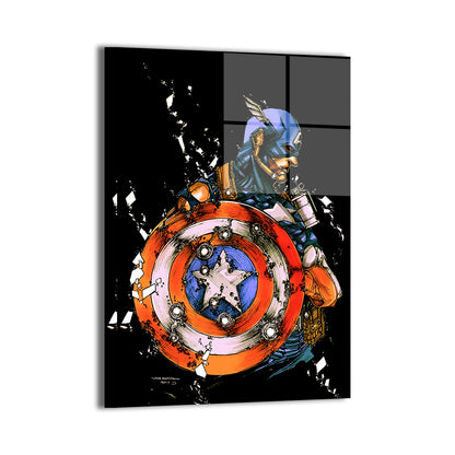 Gloss metal print of Captain America’s shield riddled with bullet marks  
