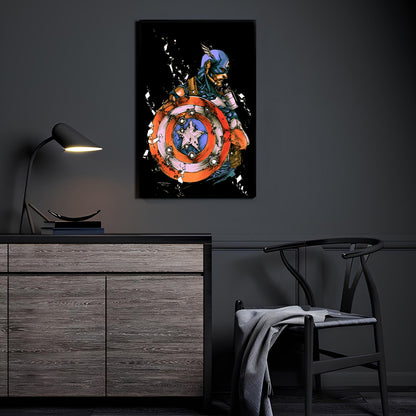 Poster print of Captain America holding bullet-riddled shield in dark background  
