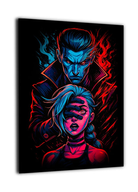 False Hero’s Control canvas wall art showing Silco and Jinx in a single portrait divided by fire and shadow