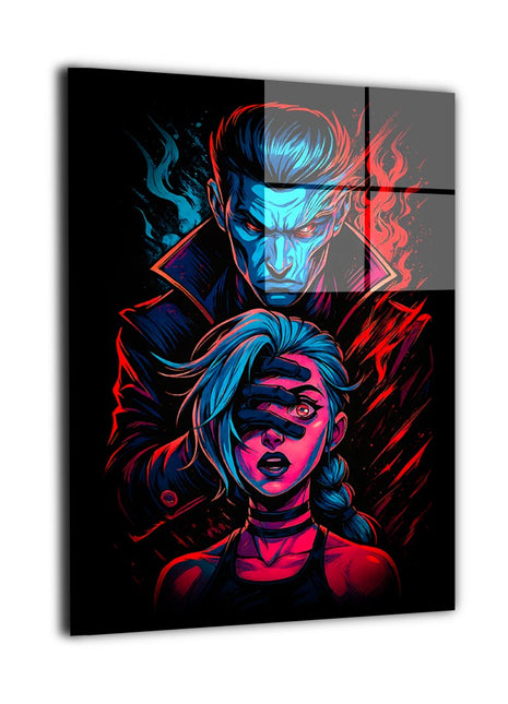 False Hero’s Control metal wall art showing Silco and Jinx in a single portrait divided by fire and shadow